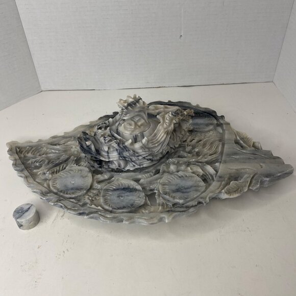 Hand-Carved Marble Decorative Dish Dragon Lotus Design Oyster Plate Candle Tray - Picture 2 of 13